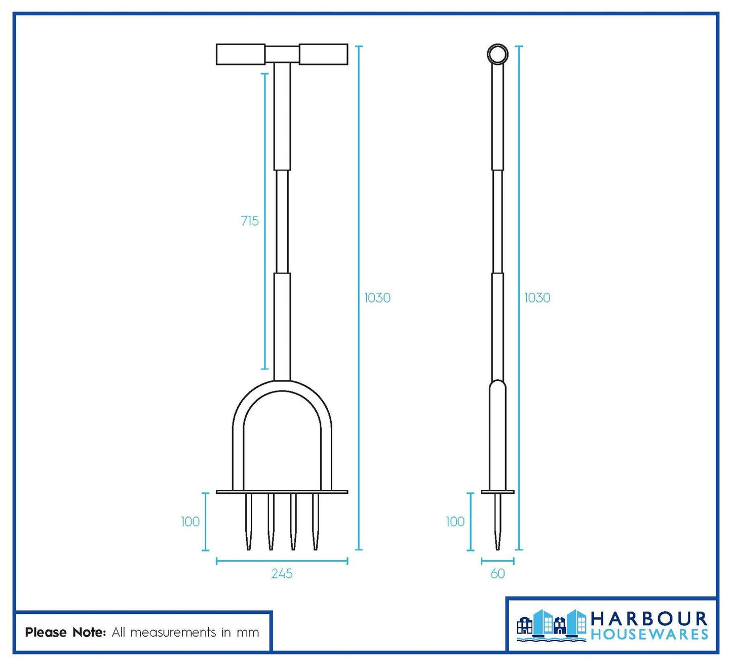 4-Prong Lawn Aerator - 24.5cm x 1M - Black