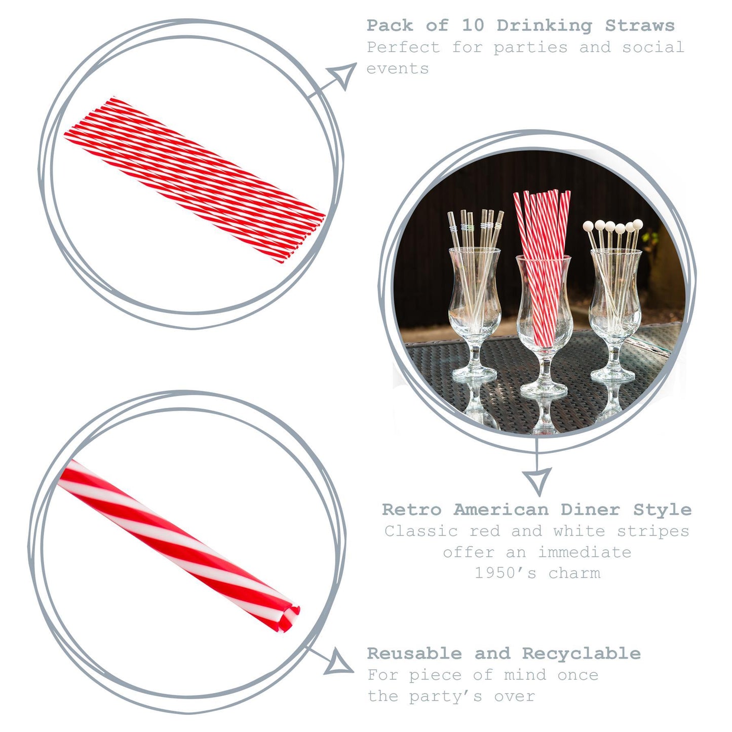 Red Stripe Reusable Plastic Drinking Straws - Pack of 10