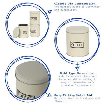 3pc Round Metal Tea Coffee Sugar Canister Set