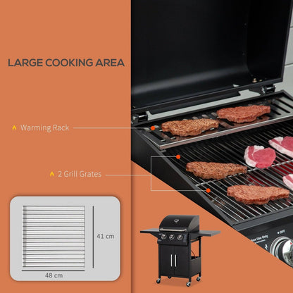 3 Burner Gas BBQ Grill Outdoor Portable Barbecue Trolley With Warming Rack