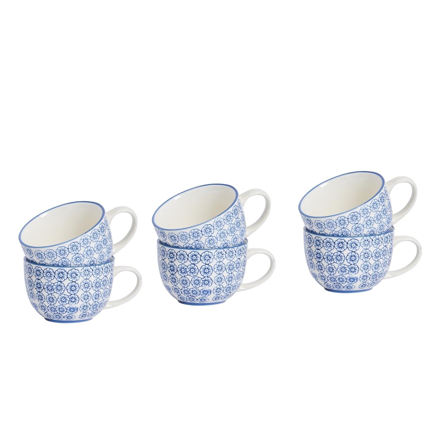 250ml Navy Hand-Printed Stoneware Cappuccino Cups - Pack of Six