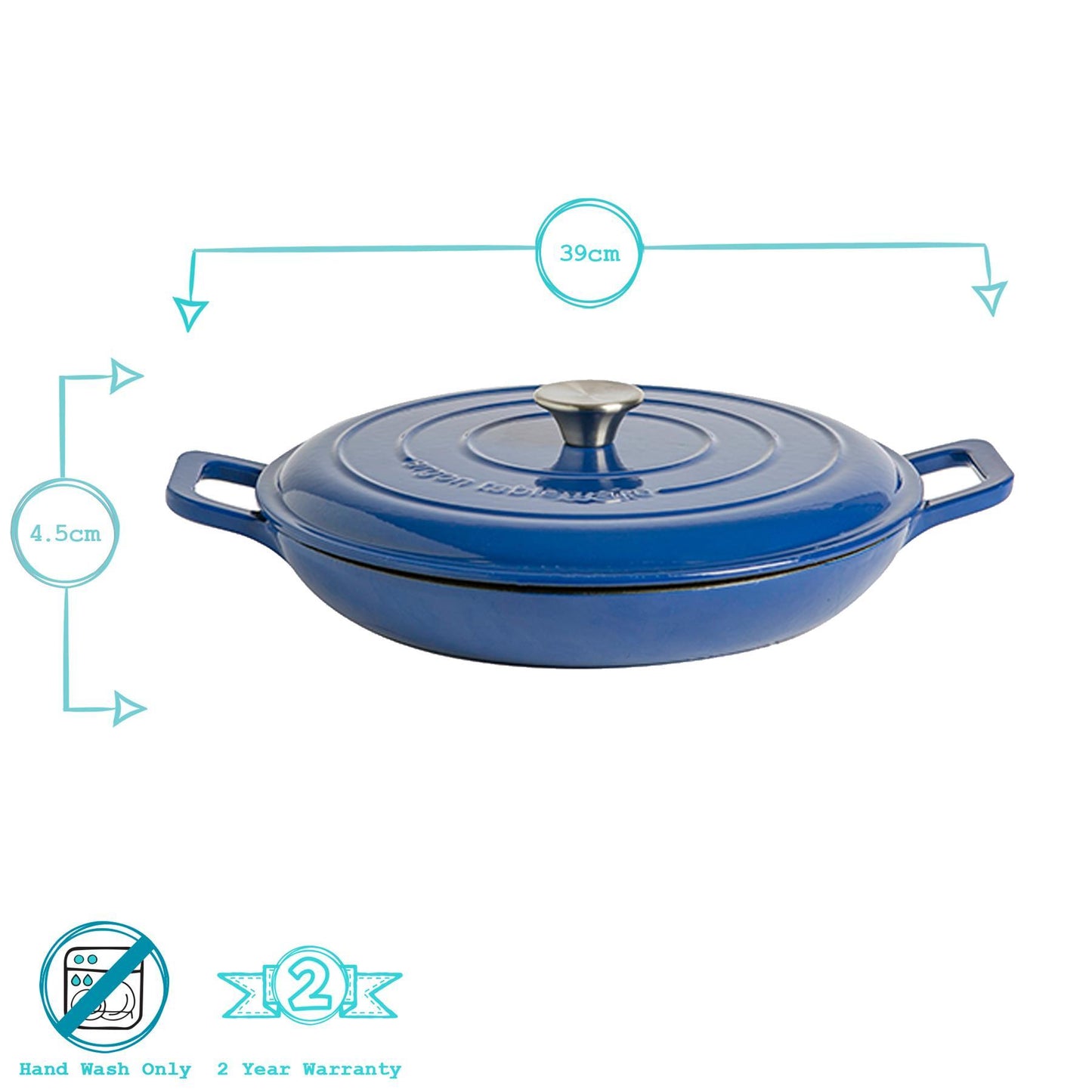 2.3L Dark Blue Cast Iron Shallow Casserole Dish