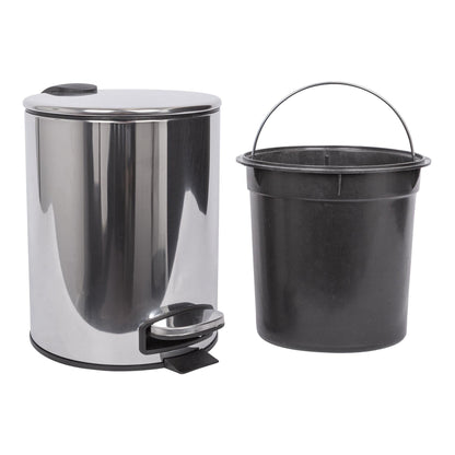 2pc 5L Chrome Round Stainless Steel Pedal Bin & Toilet Brush Set