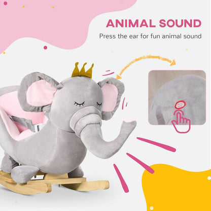 Baby Rocking Horse Elephant Rocking Chair Rocker Toy With Wooden Base Seat Safety Belt For 1.5-3 Year Old Grey