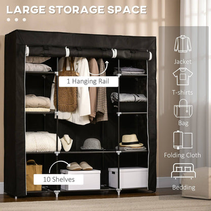 Fabric Wardrobe Portable Wardrobe With 10 Shelves 1 Hanging Rail Foldable Closets 150 X 43 X 162.5 cm Black
