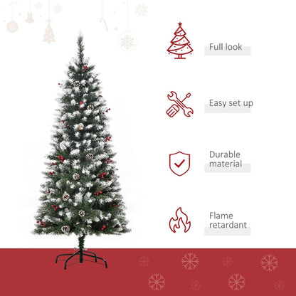 Homcom 5FT Artificial Christmas Tree Xmas Pencil Tree with Red Berries and Pinecones Holiday Home Indoor Decoration with Foldable Feet
