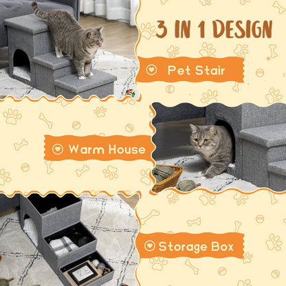 PawHut Dog Steps 3-step Pet Stairs with Kitten House and 2 Storage Boxes