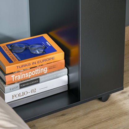 Mobile Sofa Side Table C-Shape End Table with Storage and Casters for Laptop Coffee Snack