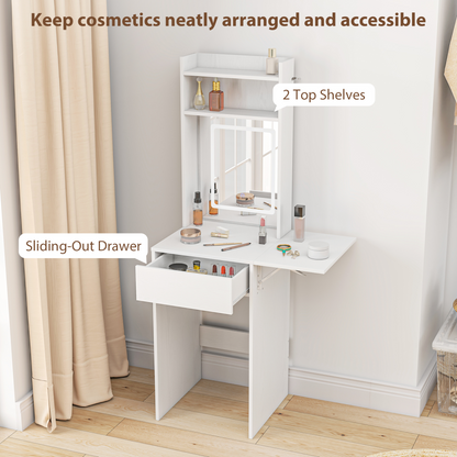 HOMCOM Compact Dressing Table with Lighted Mirror Open Shelves Drawer White