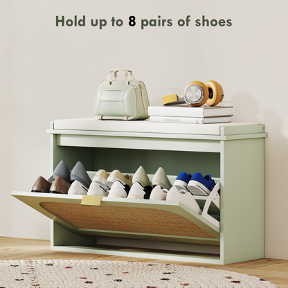 HOMCOM Boho Shoe Bench with Padded Seat and 1 or 2 Flip-Drawer, Light Green