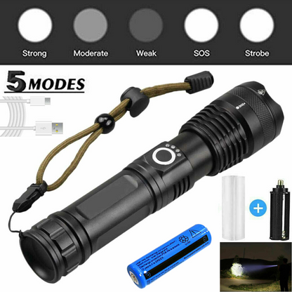 One Set USB Rechargeable LED Flashlight 5-Mode Outdoor Camping Hiking Flashlight W/Box