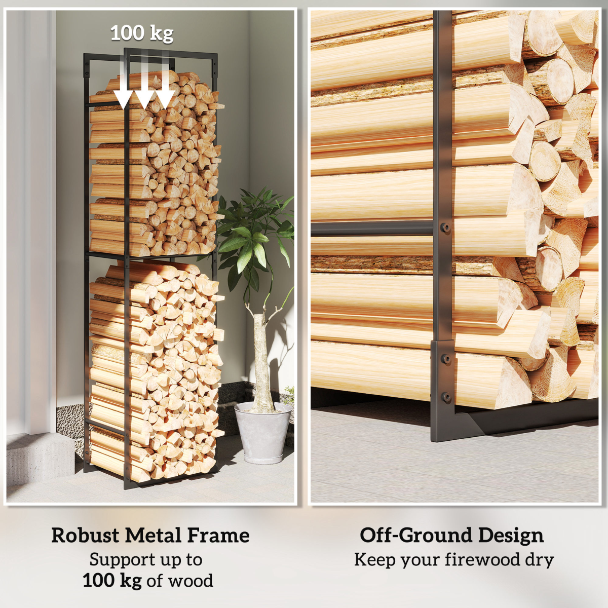 Outsunny Metal Firewood Log Holder, Firewood Rack with Adjustable Shelf