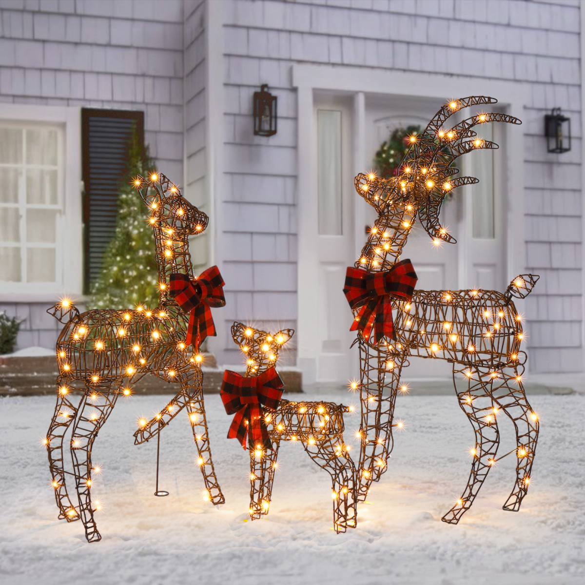 3-Piece Lighted Christmas Reindeer Family Set Outdoor Decorations, Weather Proof Rattan Deer Family Set of 3 Christmas Ornament Home Decor Pre-lit 210 LED Warm White Lights, 4FT, Brown