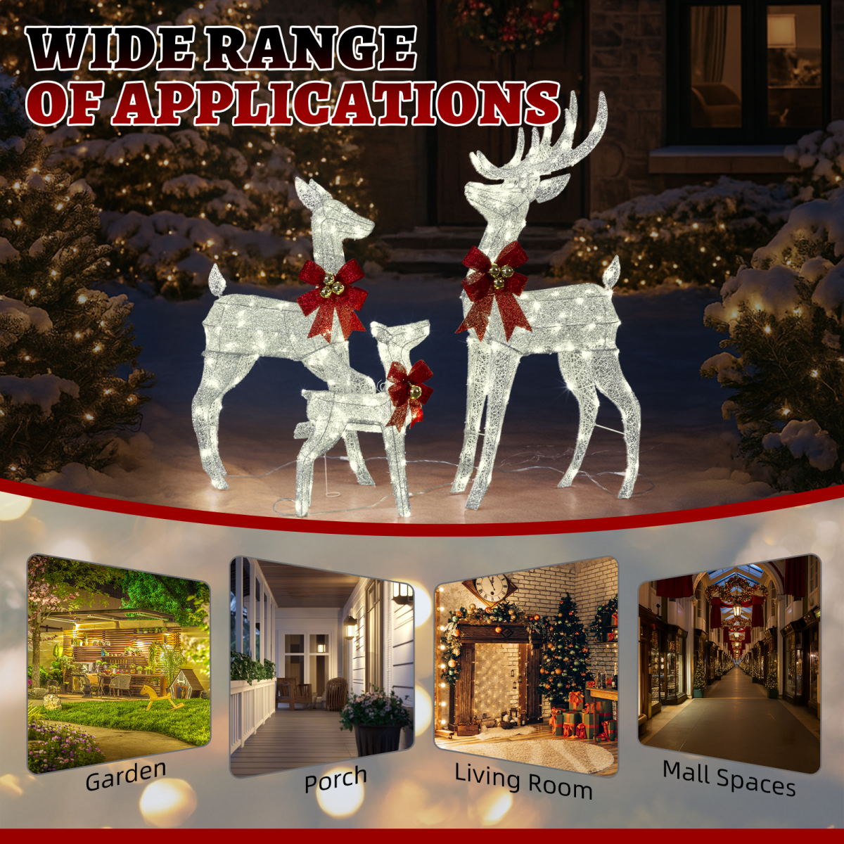 3-Piece Lighted Christmas Reindeer Family Set Outdoor Decorations, Weather Proof Sparkling Deer Family Set of 3 Christmas Ornament Home Decor Pre-lit 210 LED Warm White Lights, 4FT, Silver