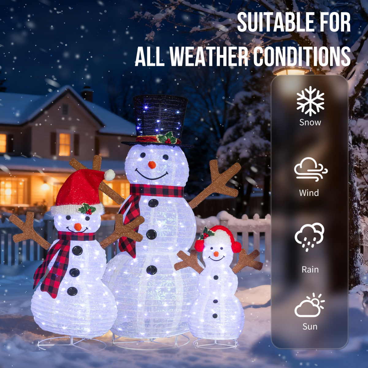 Set of 3 Lighted Snowman Family Christmas Yard Decorations, 60cm 90cm 120cm Pre-lit Pull Up Snowman with 270 White LEDs, for Xmas Outdoor Holiday Indoor Decor Lighted Holiday Displays
