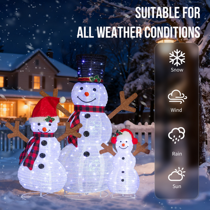 Set of 3 Lighted Snowman Family Christmas Yard Decorations, 60cm 90cm 120cm Pre-lit Pull Up Snowman with 270 White LEDs, for Xmas Outdoor Holiday Indoor Decor Lighted Holiday Displays