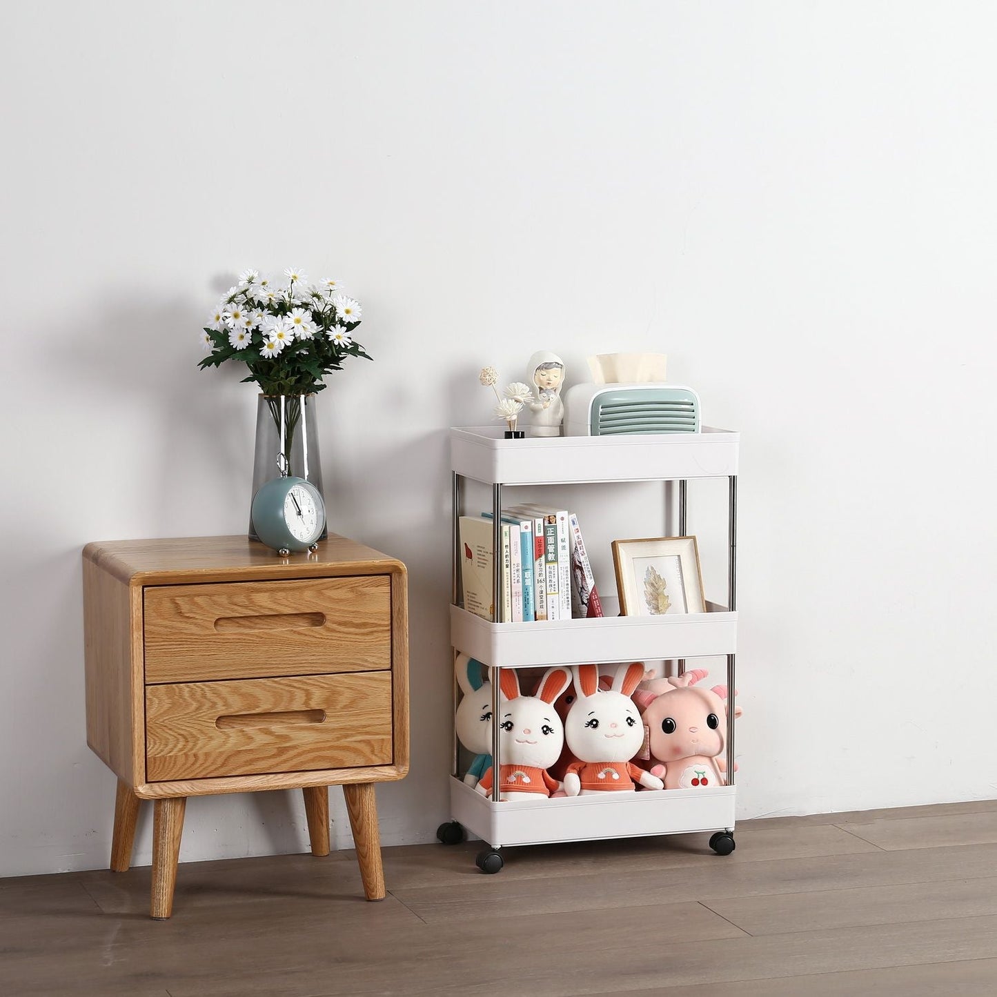 3-Layer Mobile Multi-functional Storage Cart,Suitable for Kitchen, Bathroom, Laundry Room Narrow Place, Plastic and Stainless Steel, White