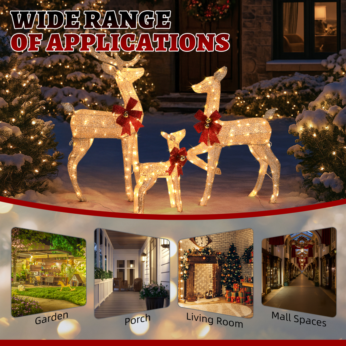 3-Piece Lighted Christmas Reindeer Family Set Outdoor Decorations, Weather Proof Sparkling Deer Family Set of 3 Christmas Ornament Home Decor Pre-lit 210 LED Warm White Lights, 4FT, Golden