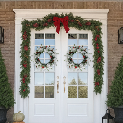 2 Pack 18in Pre-lit Snow Flocked Christmas Wreath, Lighted Artificial Xmas Wreath with 60 Warm Lights and 140 Tips and Red Berries Pine Cones, for Front Door Gate Wall Xmas Party Decorations