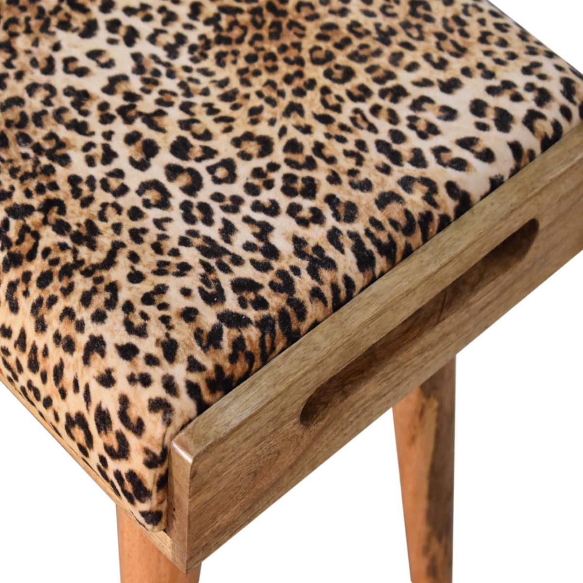 Artisan Furniture Solid Mango Wood Leopard Velvet Tray Style Footstool