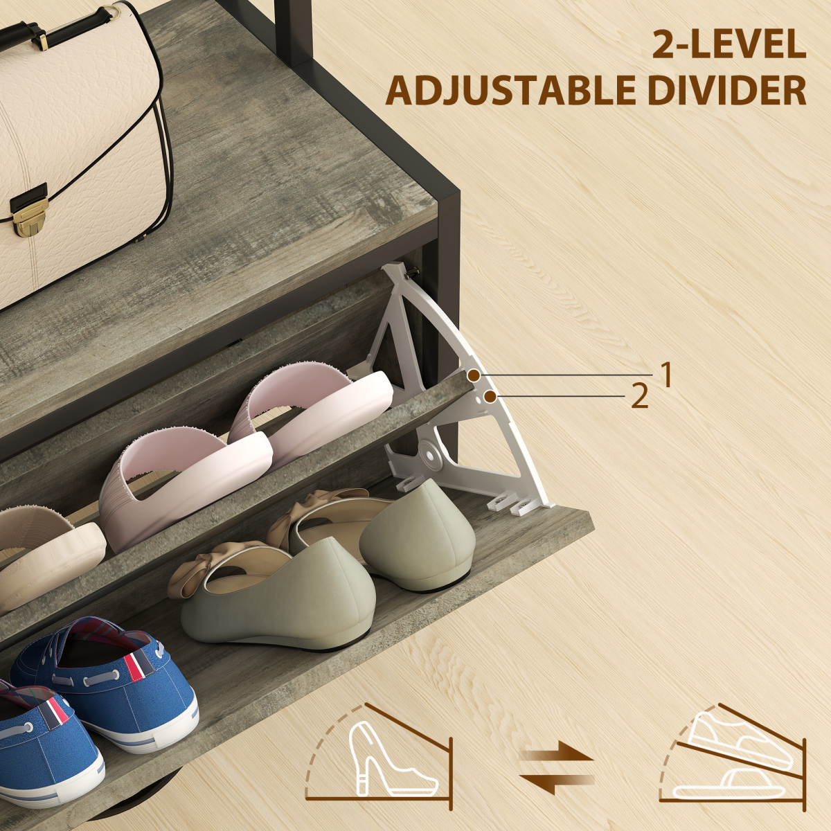 HOMCOM Industrial Hall Tree Coat Rack Stand with Shoe Cabinet Grey