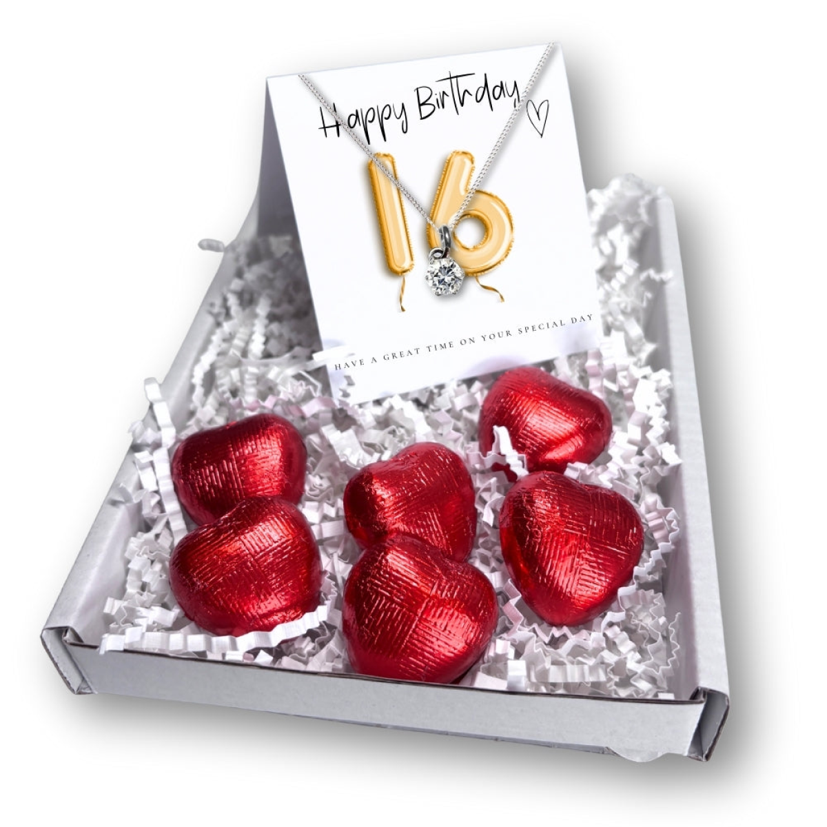 16th Birthday Cubic Zirconia Necklace & Gold Balloons Mini Hamper