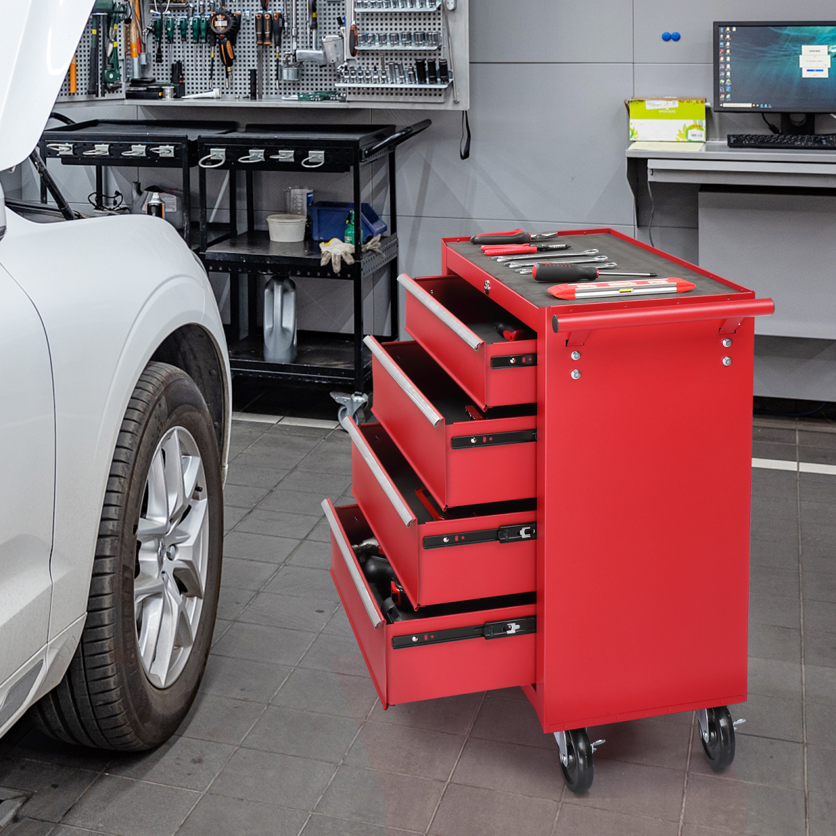 Steel maintenance tool cart single base cabinet 4 drawers 330lb red