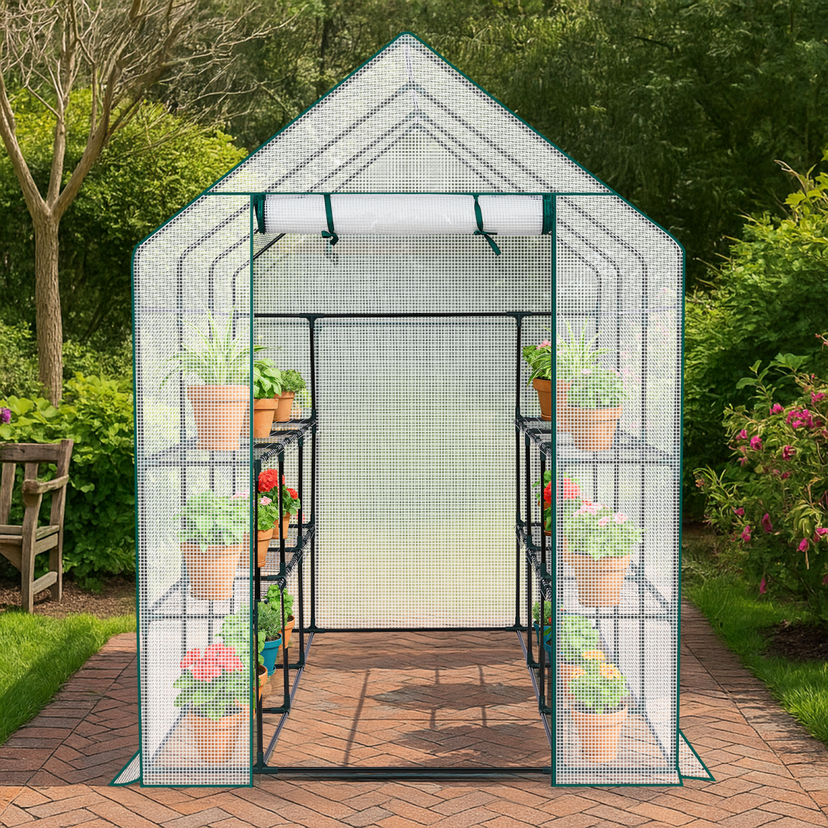 Mini Walk-in Greenhouse with PE Cover, 8-Shelf Indoor Outdoor Plant Gardening Green House for Garden Backyard, 56" x 56" x 77", White