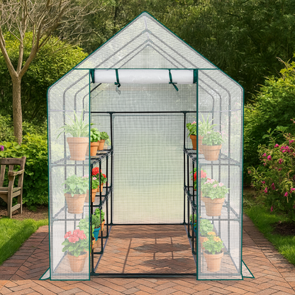 Mini Walk-in Greenhouse with PE Cover, 8-Shelf Indoor Outdoor Plant Gardening Green House for Garden Backyard, 56" x 56" x 77", White