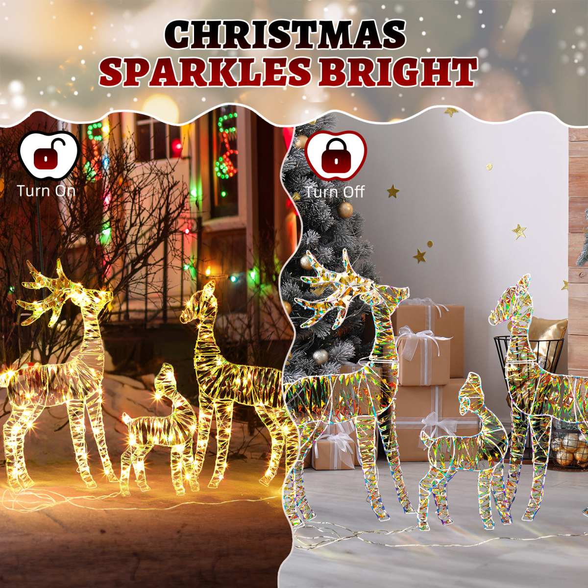 3-Piece Lighted Iridescent Christmas Reindeer Family Set Outdoor Decorations, Weather Proof Deer Family Set of 3 Christmas Ornament Home Decor Pre-lit 110 LED Warm White Lights, 2.4FT