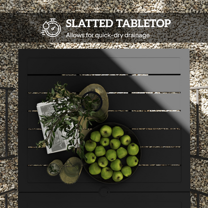 Outsunny Garden Table with Parasol Hole, Slatted Metal Tabletop, Black