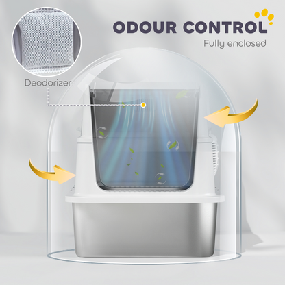 PawHut Extra Large Stainless Steel Cat Litter Tray with Scoop, Flip Top