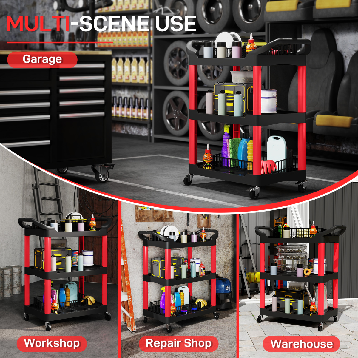 HOMCOM 3-Tier Rolling Tool Cart, Tool Trolley on Wheels for Garage, Black