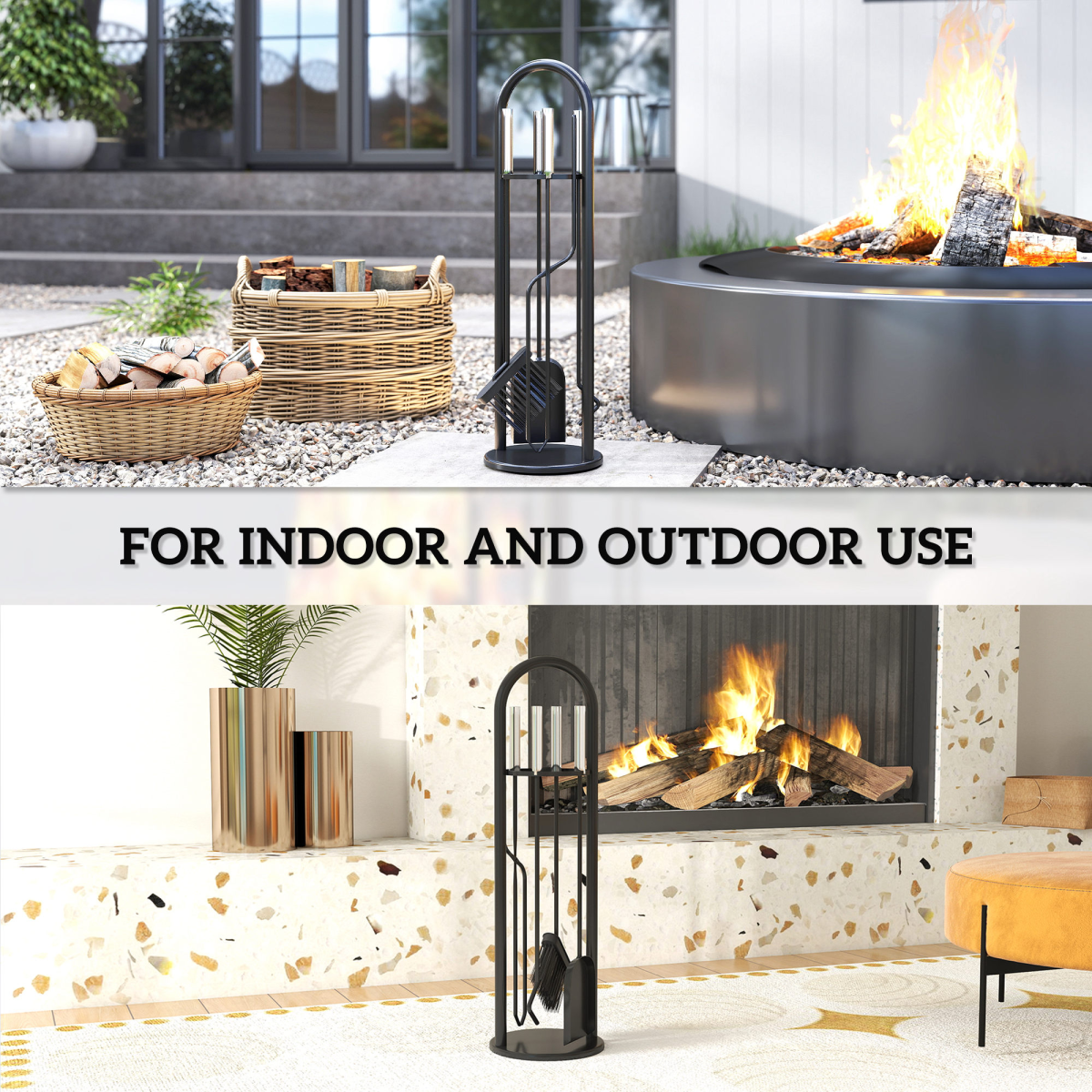 Outsunny 5 PCS Fireplace Companion Set, Metal Fireside Companion Set, Silver