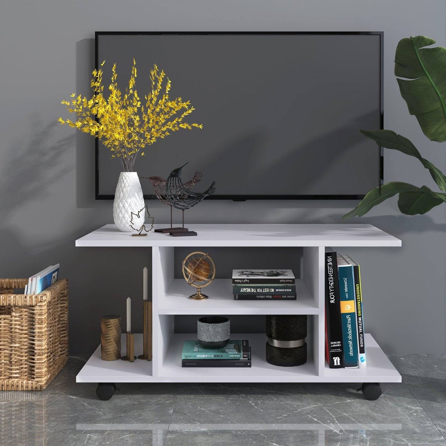 Modern TV Cabinet Stand Storage Shelves Table Mobile Bedroom Furniture Bookshelf Bookcase White New