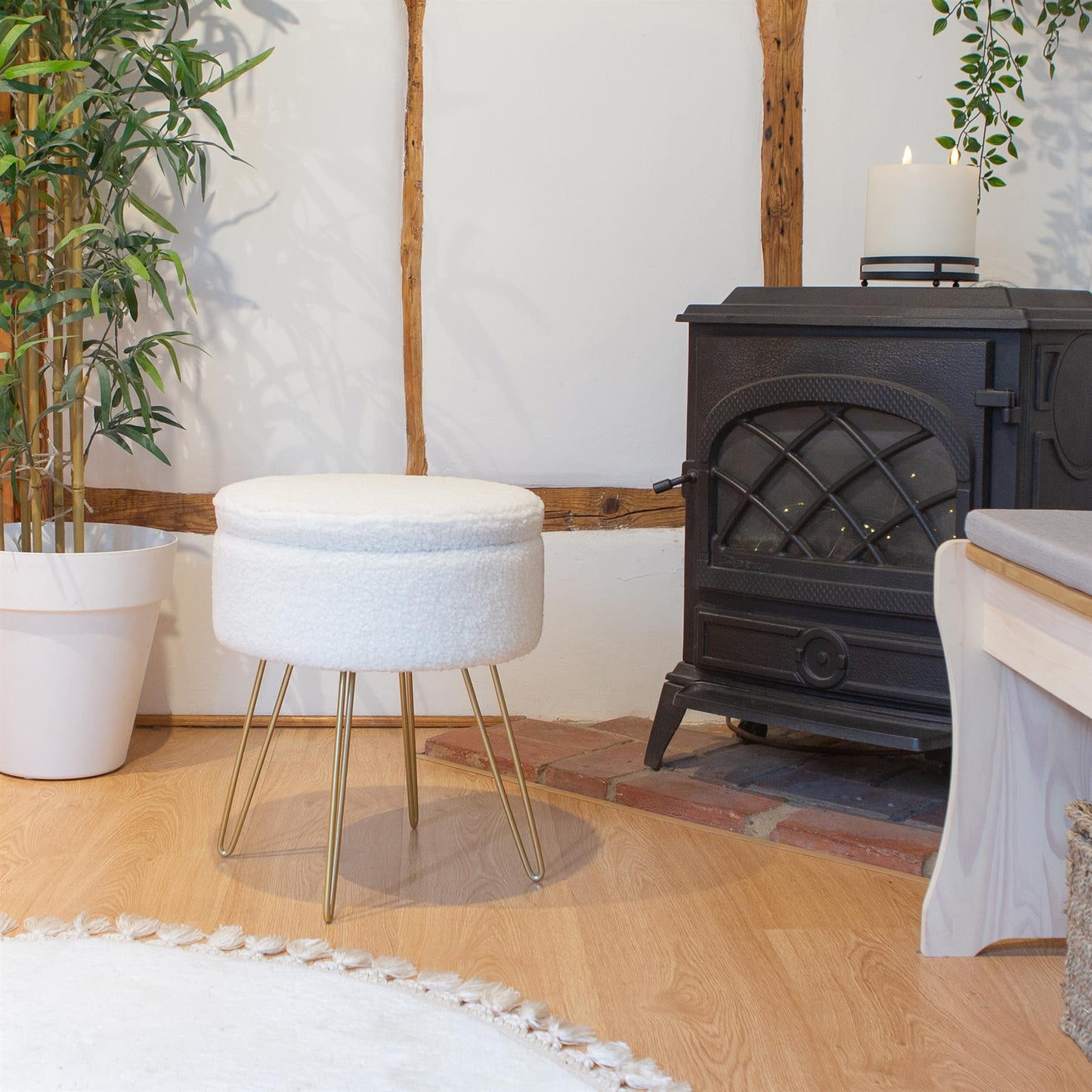 Cream H46 x D37cm Round Boucle Storage Footstool