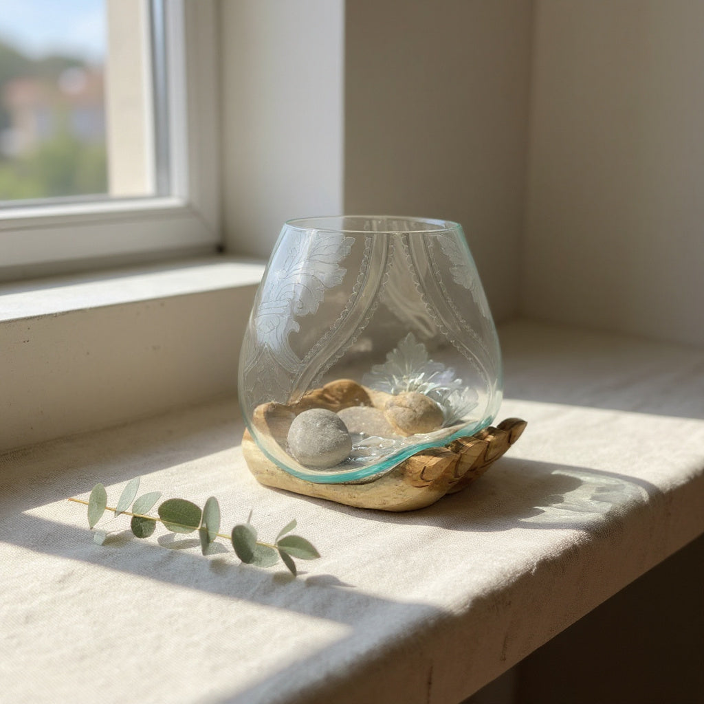 25CM TEAK ROOT HAND WITH GLASS BOWL