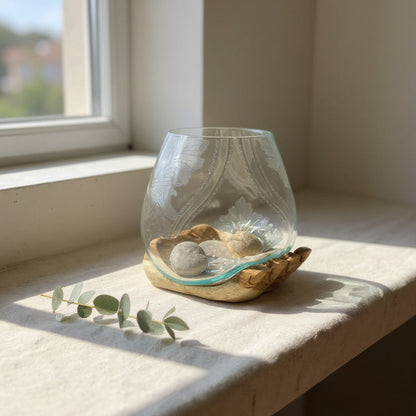 25CM TEAK ROOT HAND WITH GLASS BOWL