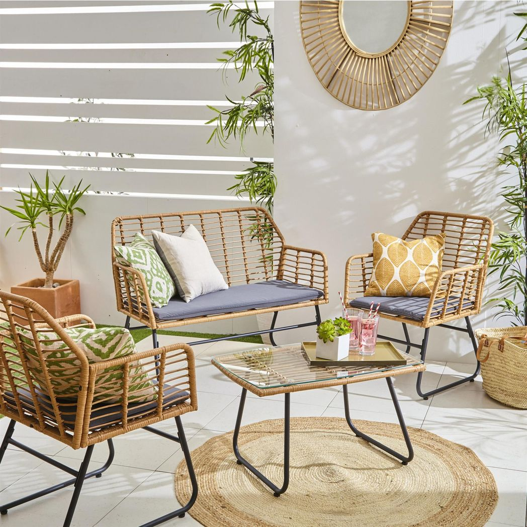 Neo Grey Bamboo Style Garden Sofa, Table & Chairs 4 Piece Set