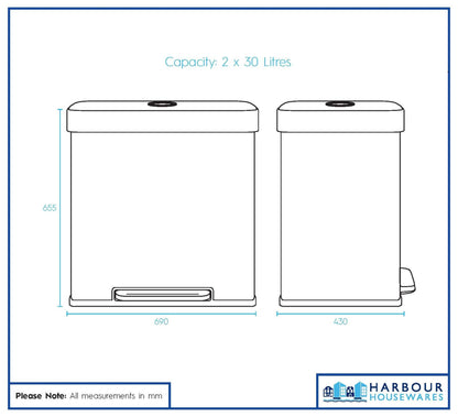 60L (2 x 30L) Stainless Steel Double Kitchen Pedal Bin