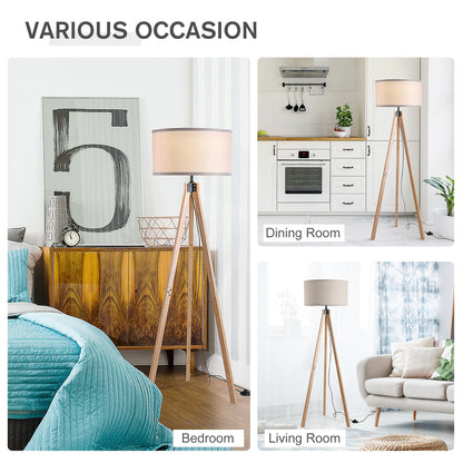 5Ft Elegant Wood Tripod Floor Lamp Free Standing E27 Bulb Lamp Versatile Use For Home Office - Beige