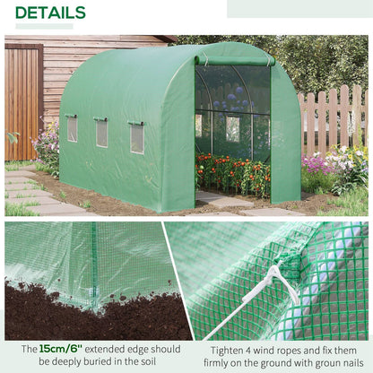 Outsunny 3.5 X 2M Walk-In Polytunnel Greenhouse With Steel Frame Pe Cover Roll-Up Door And 6 Windows Green