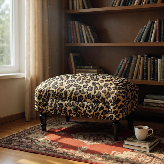 LEOPARD FABRIC FOOTSTOOL WITH DRAWER