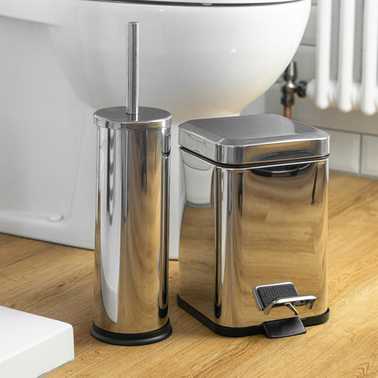 Chrome Round Toilet Brush & Square Bin Set
