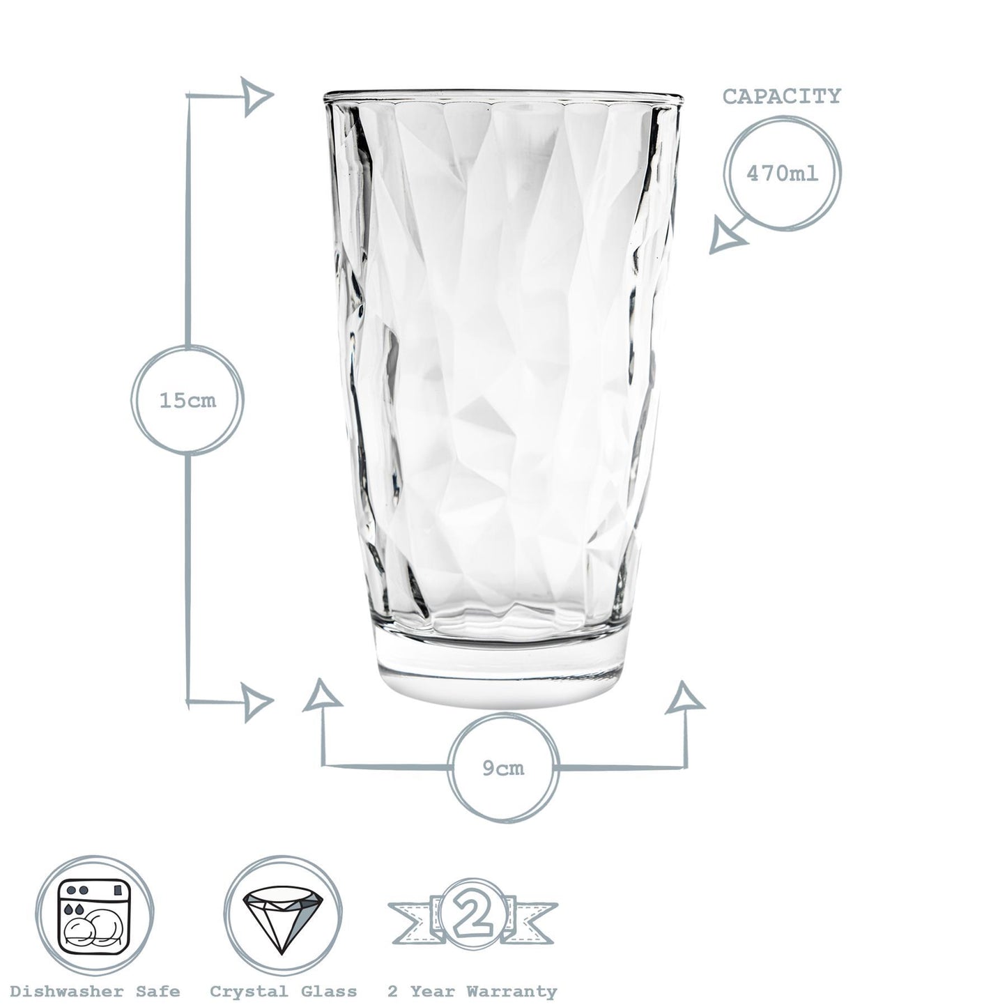 470ml Diamond Highball Glasses - Pack of Six