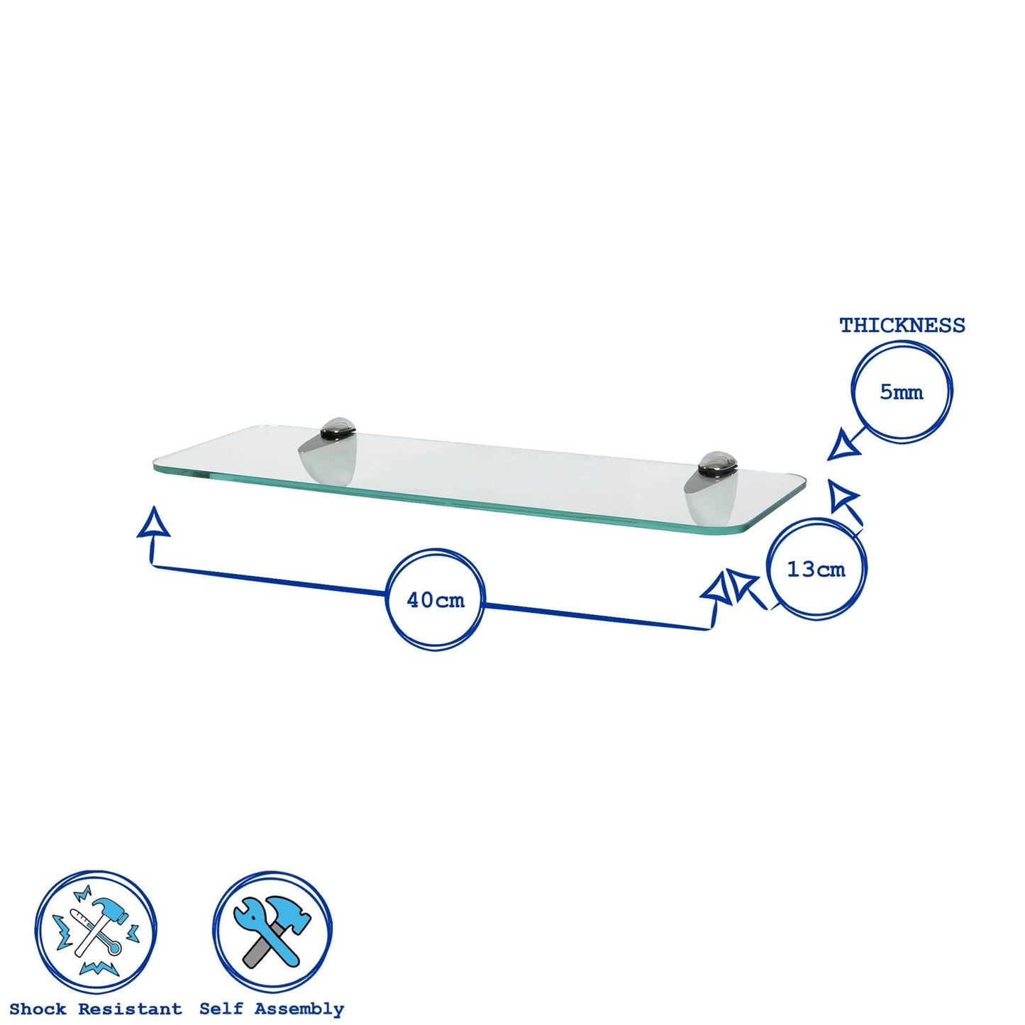 40cm Rounded Floating Glass Shelf with Black Fixings