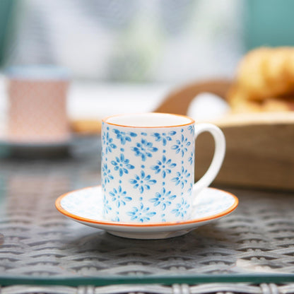 12pc 65ml Hand-Printed Stoneware Blue Espresso Cup & Saucer Set