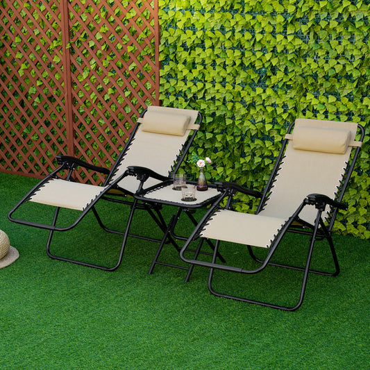 3-Piece Folding Zero Gravity Chairs Sun Lounger Table Set w/ Cup Holders Reclining Garden Yard Pool