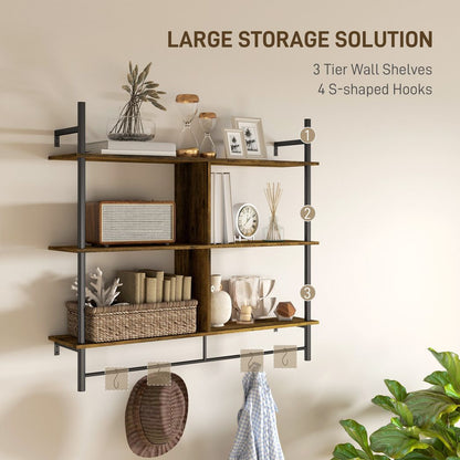 HOMCOM Wall Shelf Unit with 4 Hooks for Living Room Grey Wood Effect