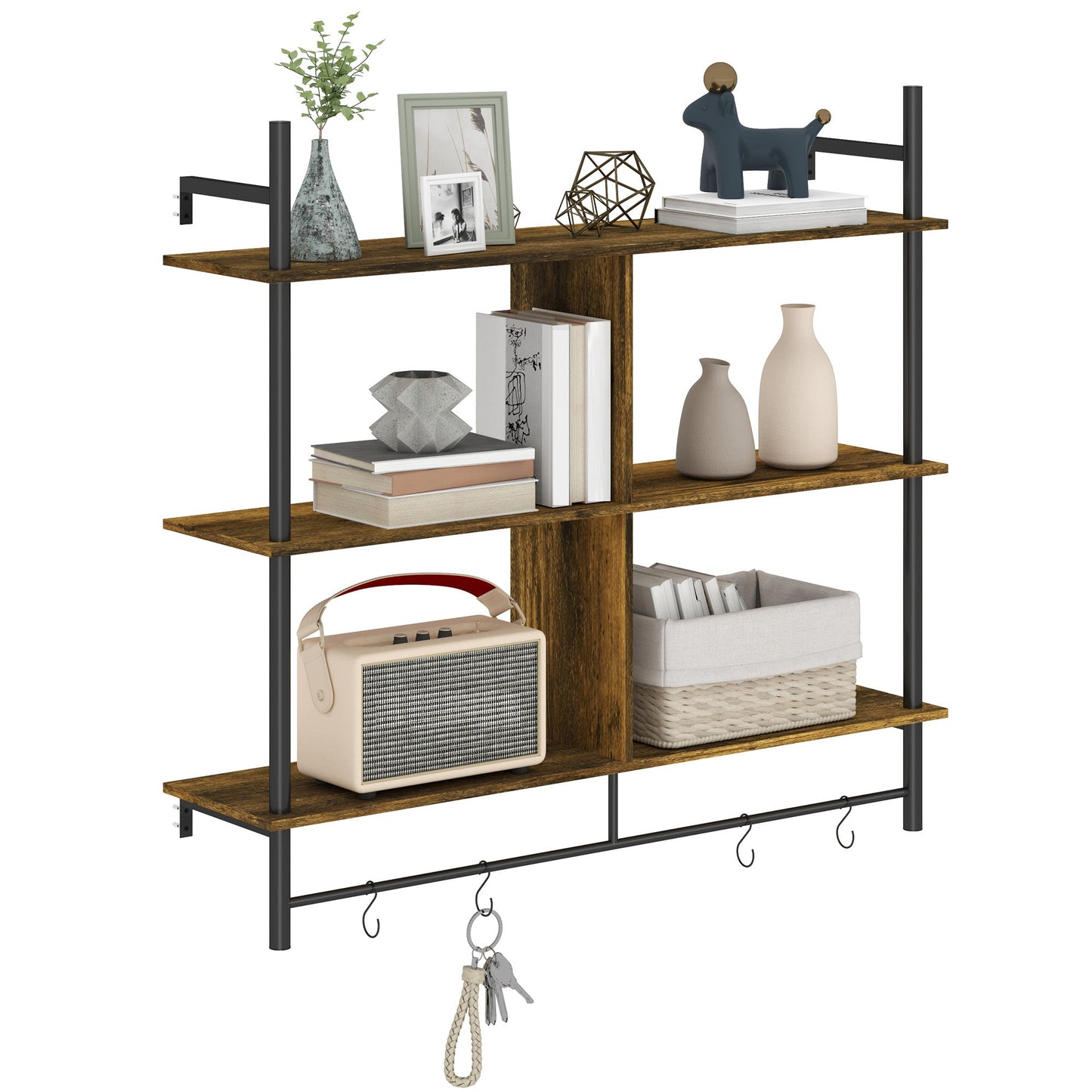HOMCOM Wall Shelf Unit with 4 Hooks for Living Room Grey Wood Effect